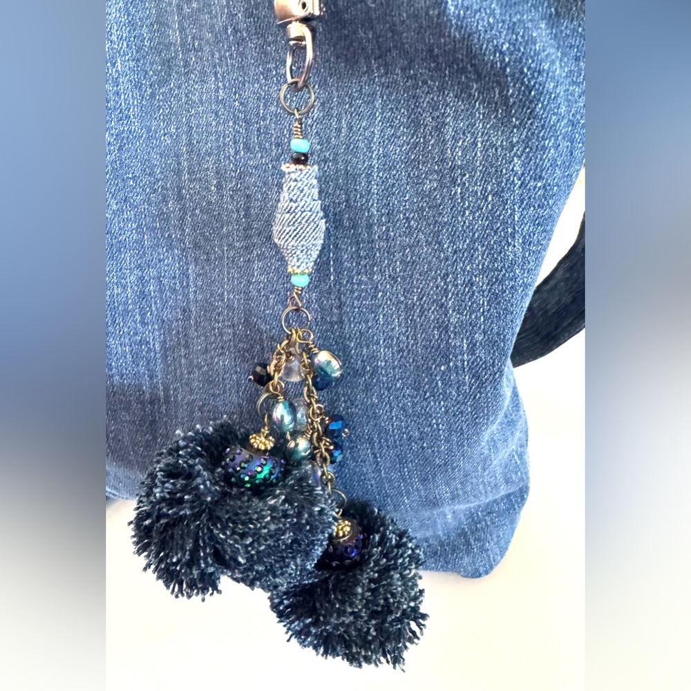 Handmade Denim Pom-Pom Bag Charm- boho style￼
